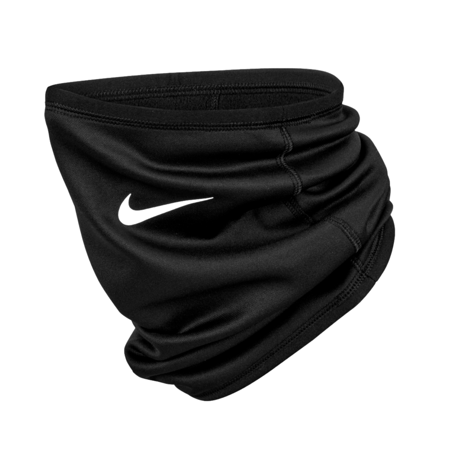 Black Nike neck gaiter with a black swoosh logo, shown bunched up against a black background.