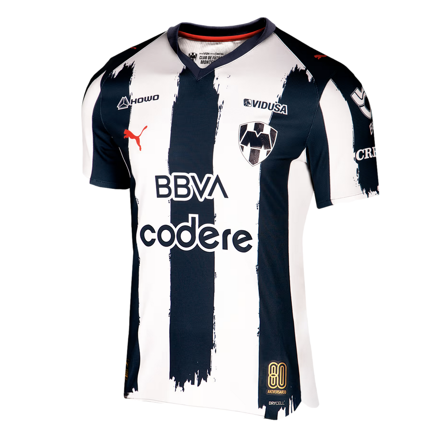 Puma Monterrey home soccer jersey featuring navy blue and white vertical brushstroke stripes, sponsor logos, and an 80th-anniversary gold patch.