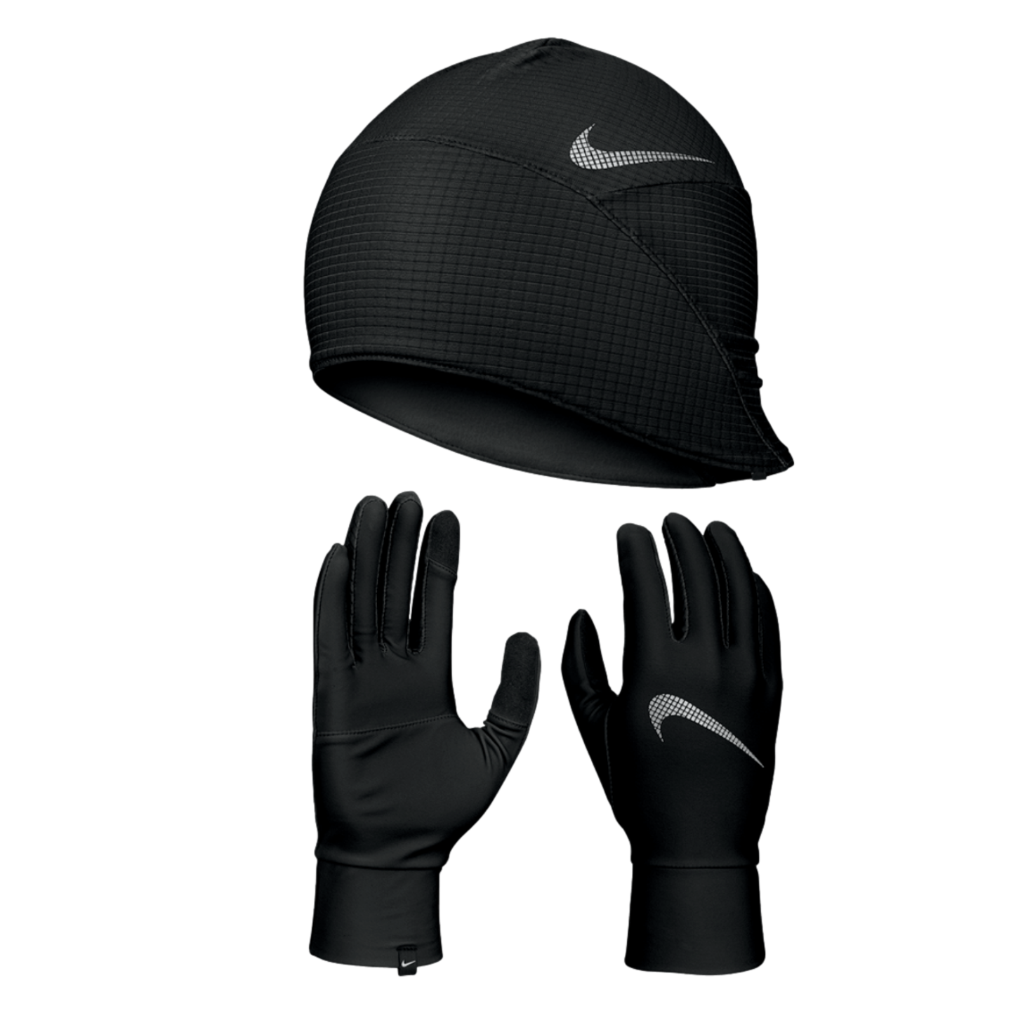 Black Nike running beanie and matching gloves with reflective swoosh logos, displayed against a solid black background.