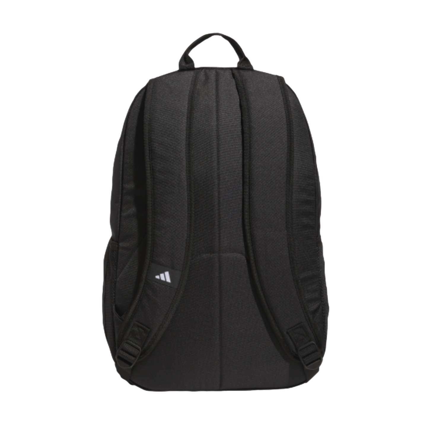 Back view of a black Adidas backpack with padded shoulder straps and a small white logo on one strap.