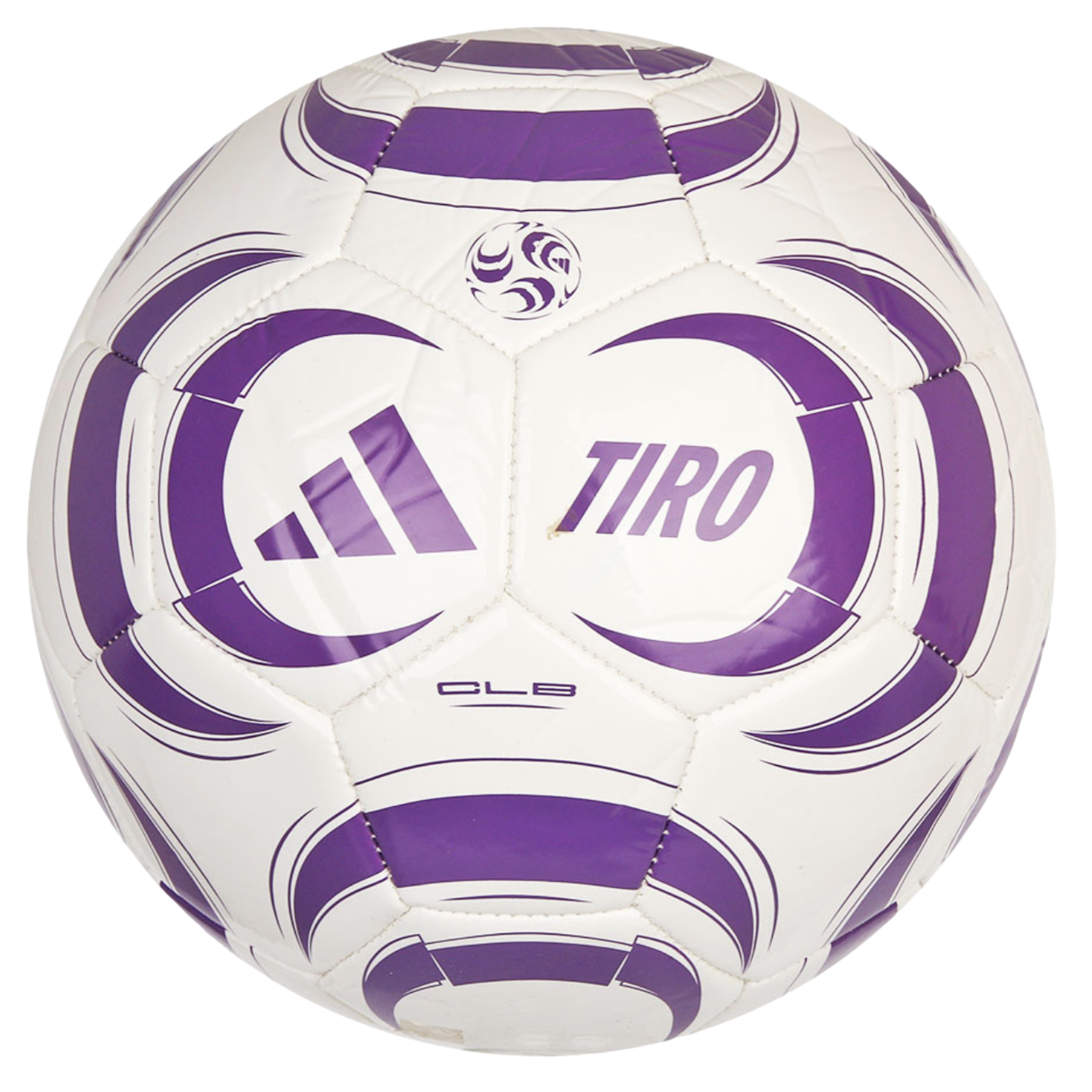 White Adidas Tiro CLB soccer ball featuring purple curved graphic accents and the brand logo.
