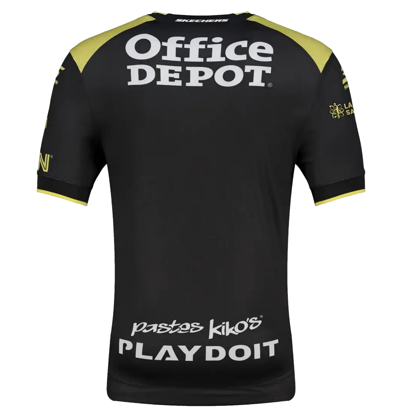 Back view of a black soccer jersey with lime green trim and white sponsor logos: Office Depot, pastes kiko's, and Playdoit.