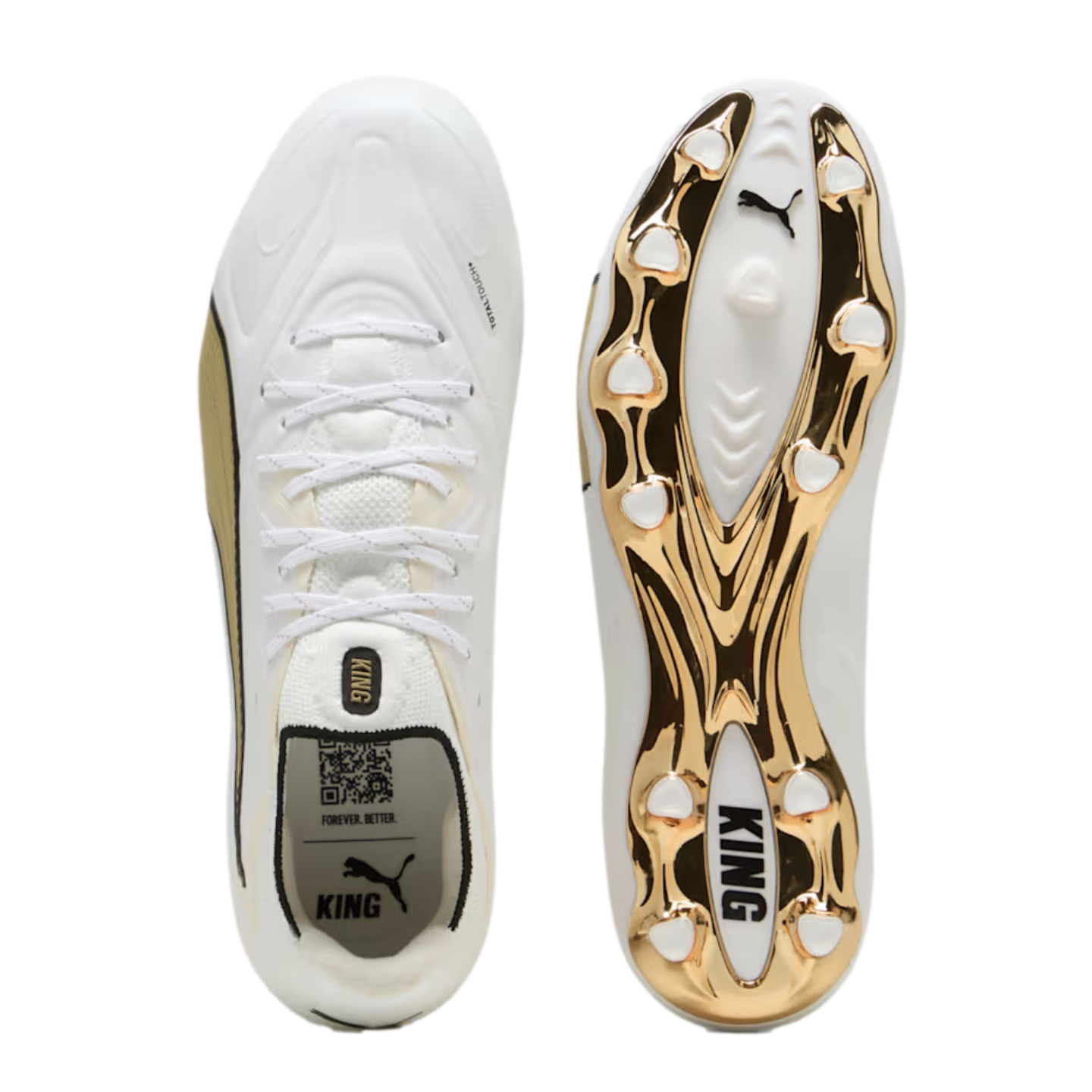 Top and bottom views of a white Puma King soccer cleat, featuring white laces and a metallic gold-plated sole with conical studs.