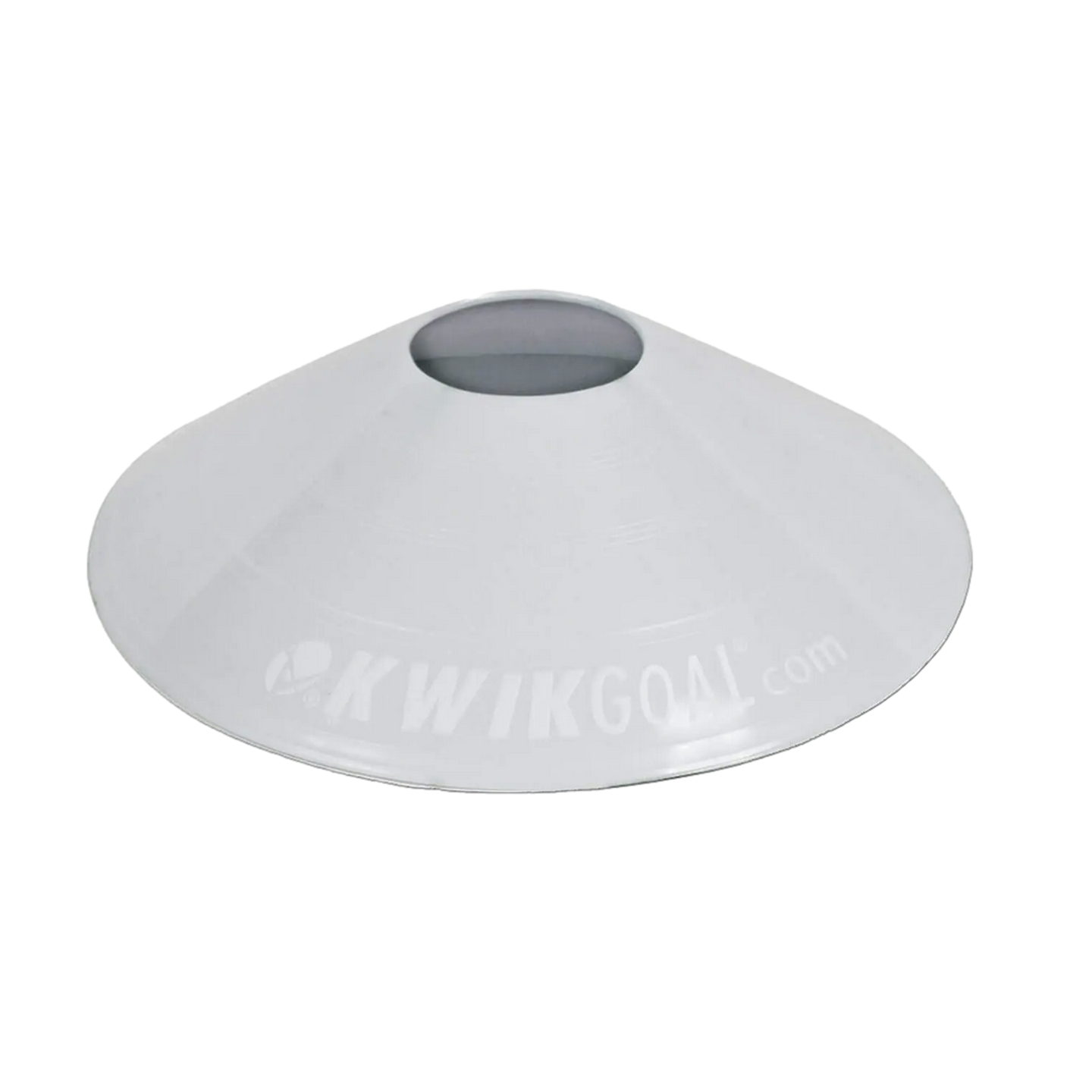 A white Kwik Goal brand saucer cone for sports training, shown against a solid black background.