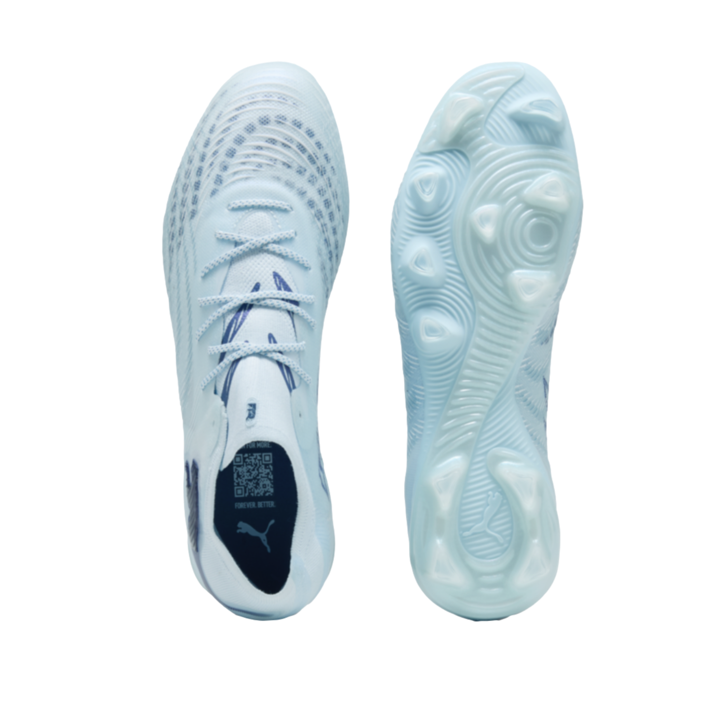 Top and bottom views of light blue Puma soccer cleats against a black background, showing the laces, textured soleplate, and studs.