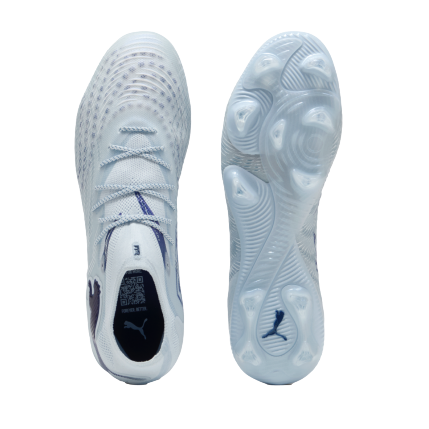 Top and bottom views of a light blue Puma soccer cleat with a textured upper, blue accents, and a translucent-studded soleplate.