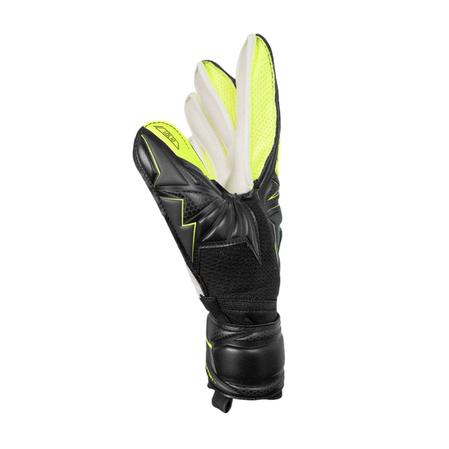 A black and neon yellow goalkeeper glove with textured backhand padding and white finger palms, shown in a side profile against a black background.