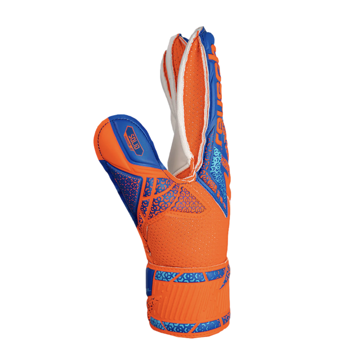 An orange and blue Reusch goalkeeper glove with blue geometric patterns and the word "SOLID" on the thumb, isolated on a black background.