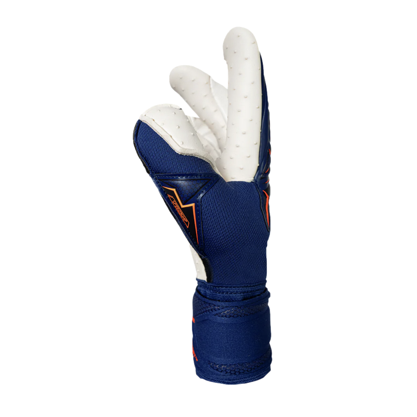 Navy blue and white goalkeeper glove with orange accents and a textured palm, shown from a side profile against a black background.
