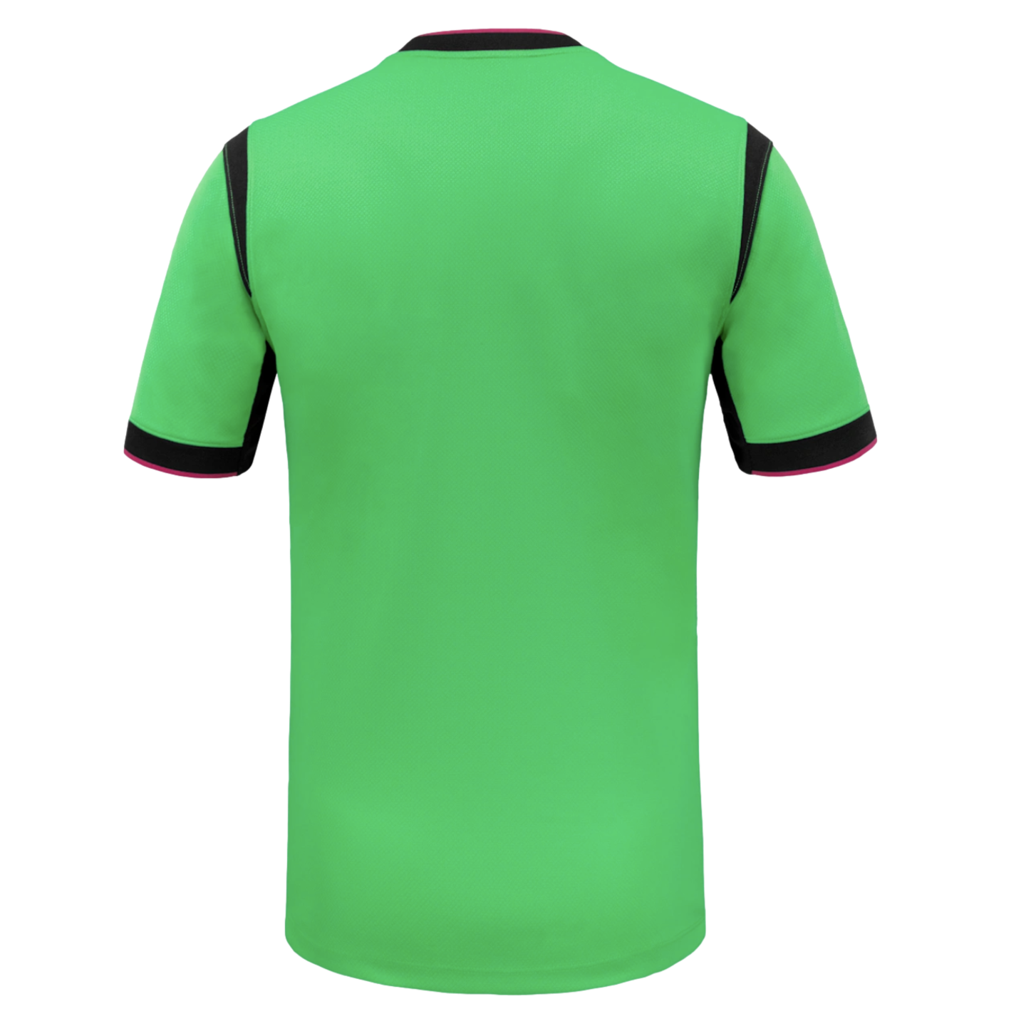 Back view of a neon green athletic jersey with black side panels and black-and-pink trim on the collar and sleeve cuffs.