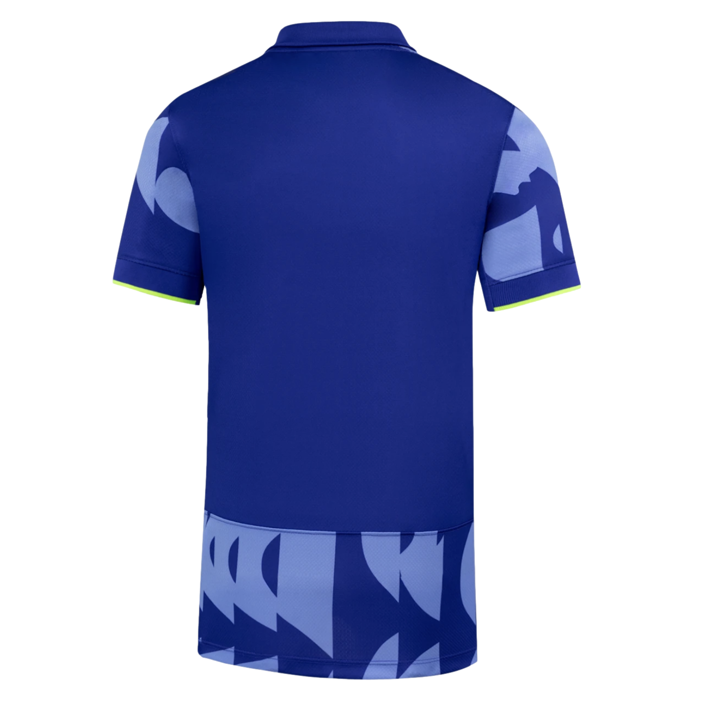 Back view of a royal blue polo shirt with light blue abstract patterns on the sleeves and bottom hem, accented by lime green trim on the cuffs.
