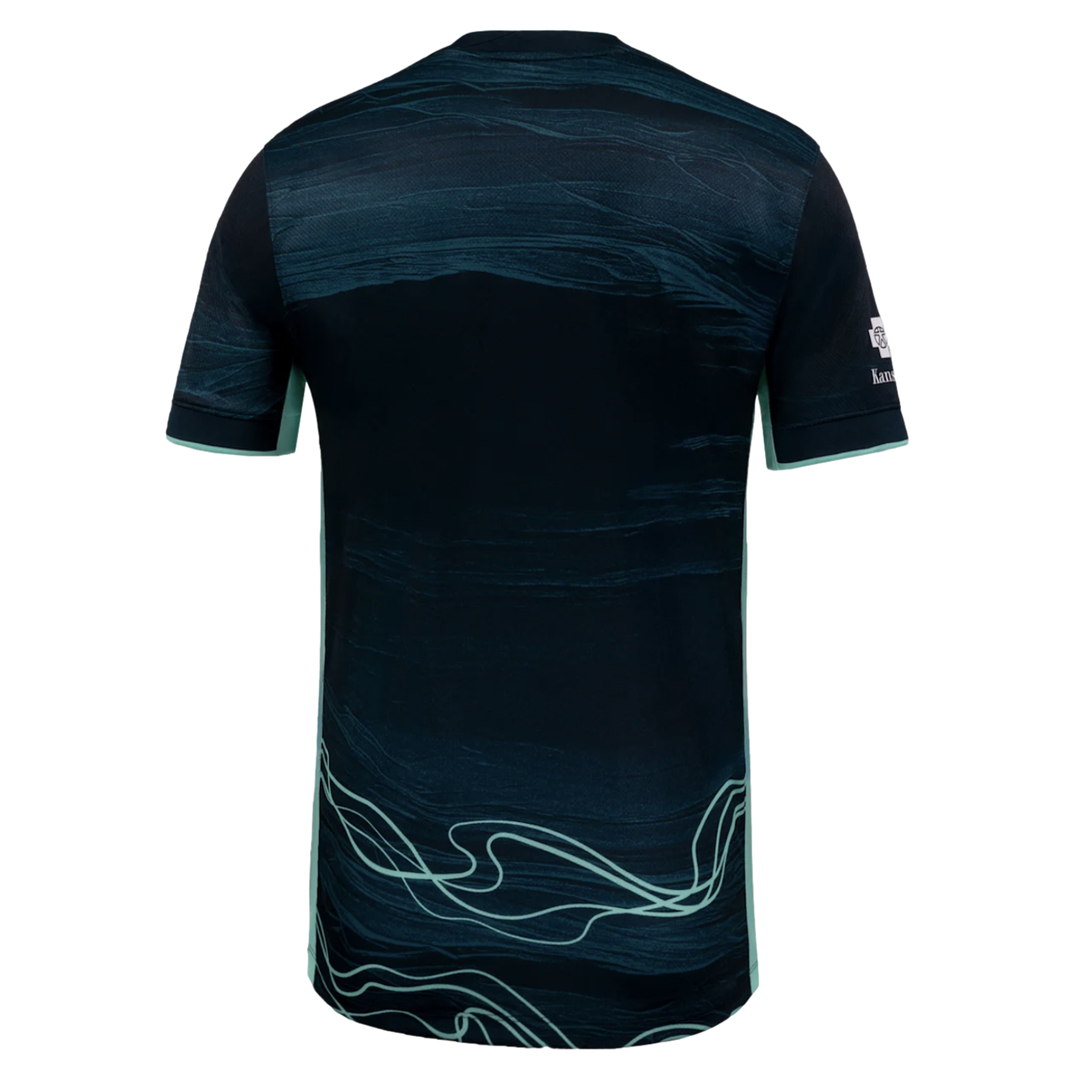 Back view of a dark teal athletic jersey featuring light teal marble-like patterns and wavy line accents on the lower back.