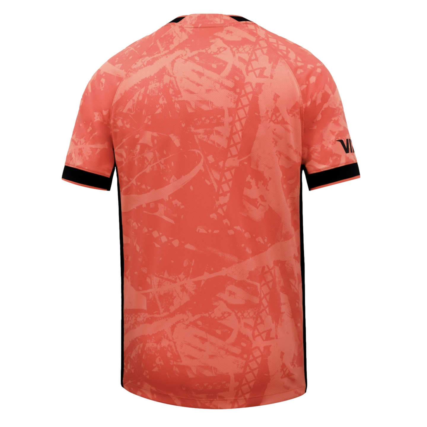 Back view of a salmon-pink jersey with an abstract tonal pattern, black sleeve cuffs, and thin black side stripes on a black background.