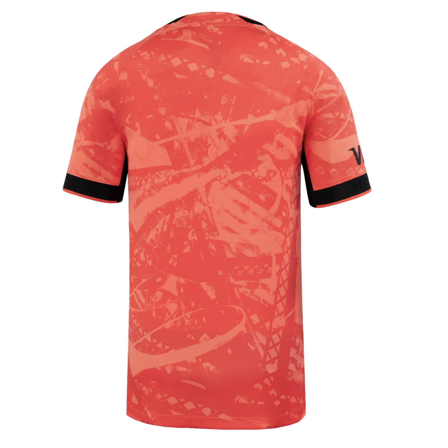 Back view of a red short-sleeved jersey featuring an abstract tonal graphic print and black bands on the sleeve cuffs.