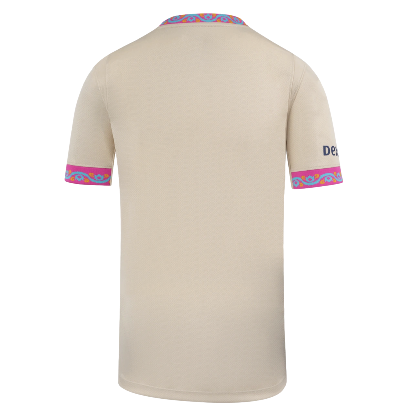 Back of a beige jersey with pink and turquoise patterned trim on the collar and cuffs, featuring a small blue logo on the right sleeve.