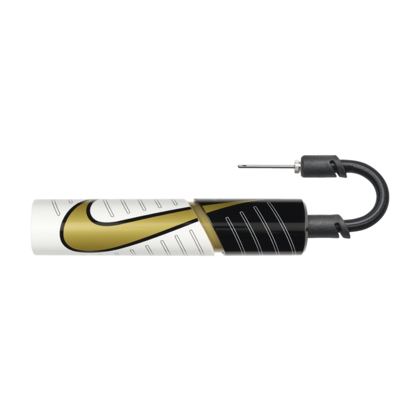 A small, cylindrical air pump for sports balls, featuring a gold Nike swoosh logo on a white and black background with a black hose and needle attached.