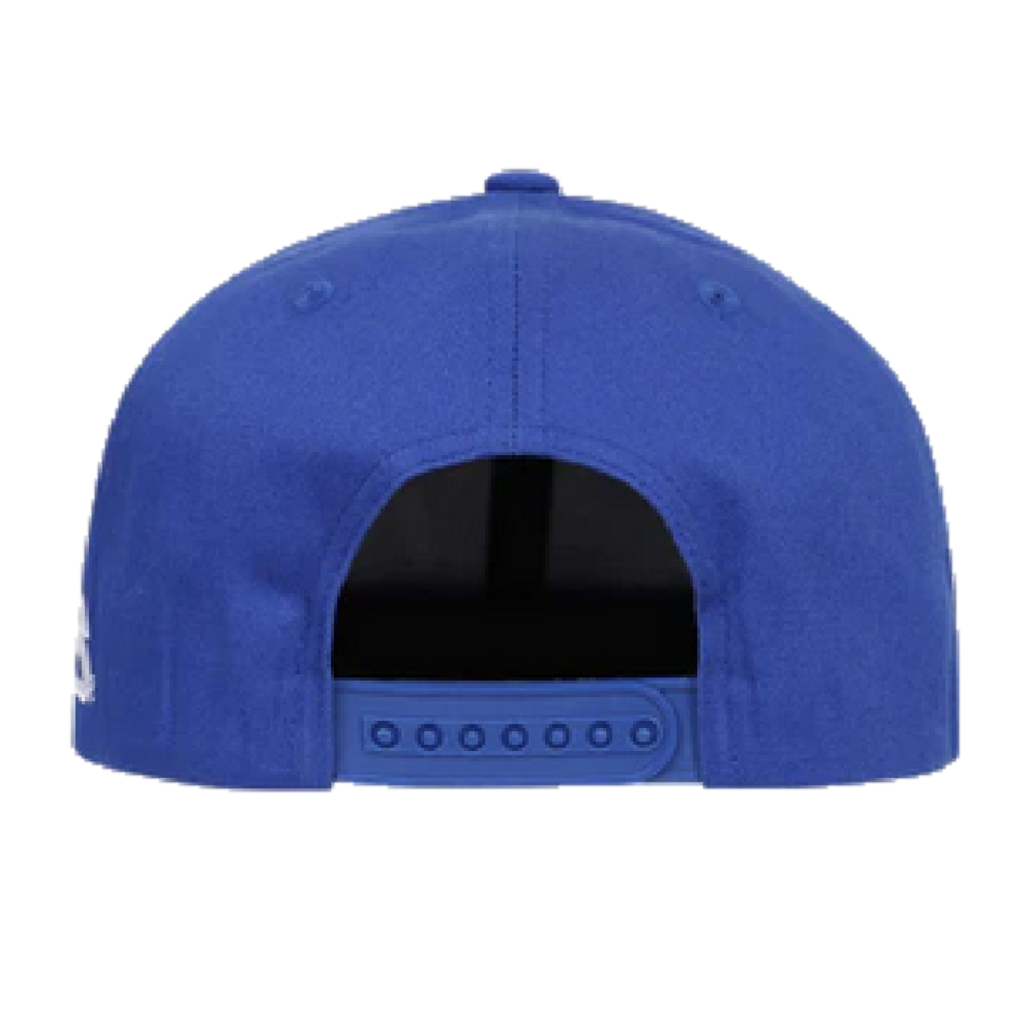 Back view of a royal blue baseball cap with an adjustable plastic snapback closure.