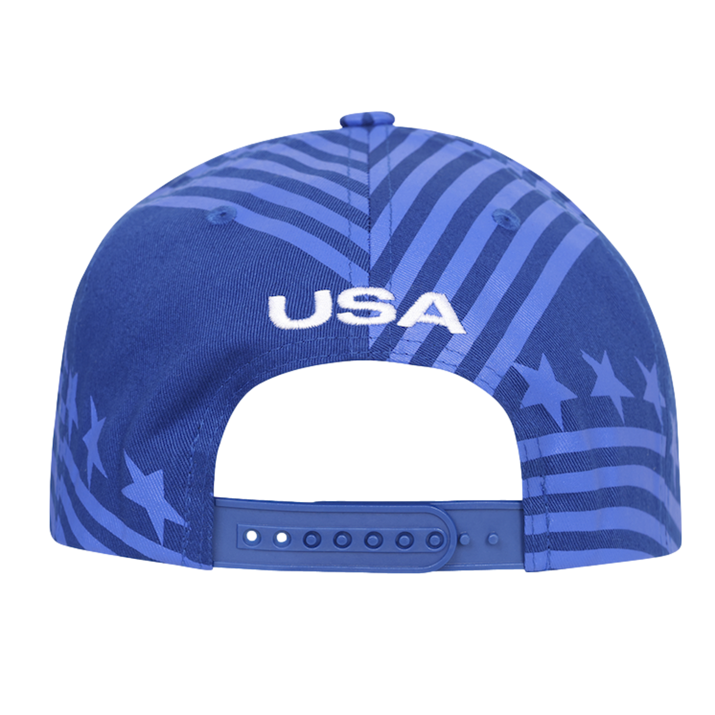 Rear view of a blue snapback baseball cap with a stylized, tone-on-tone American flag pattern. The word "USA" is embroidered in white above the blue plastic closure.