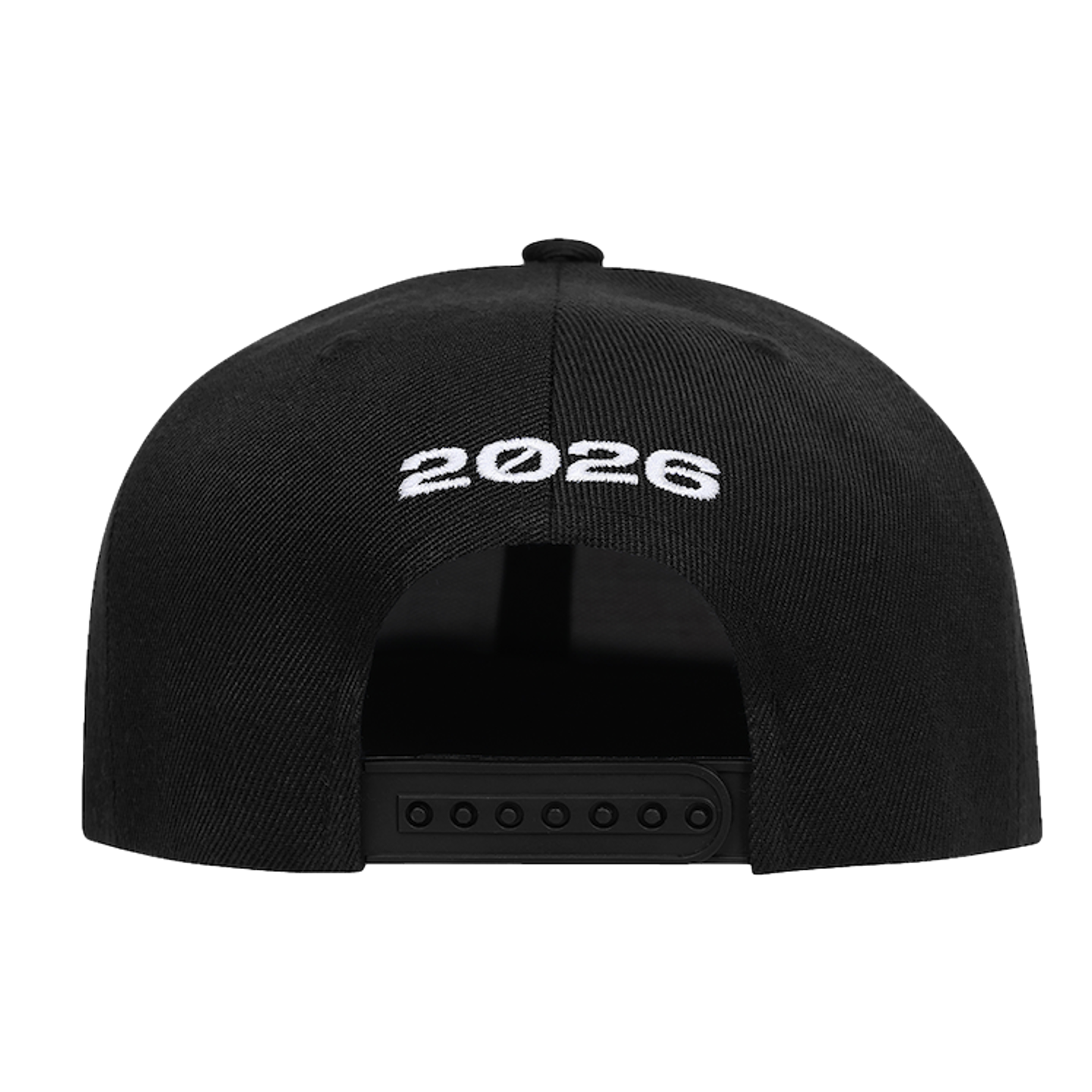 A rear view of a black baseball cap with "2026" embroidered in white above a black snapback closure.