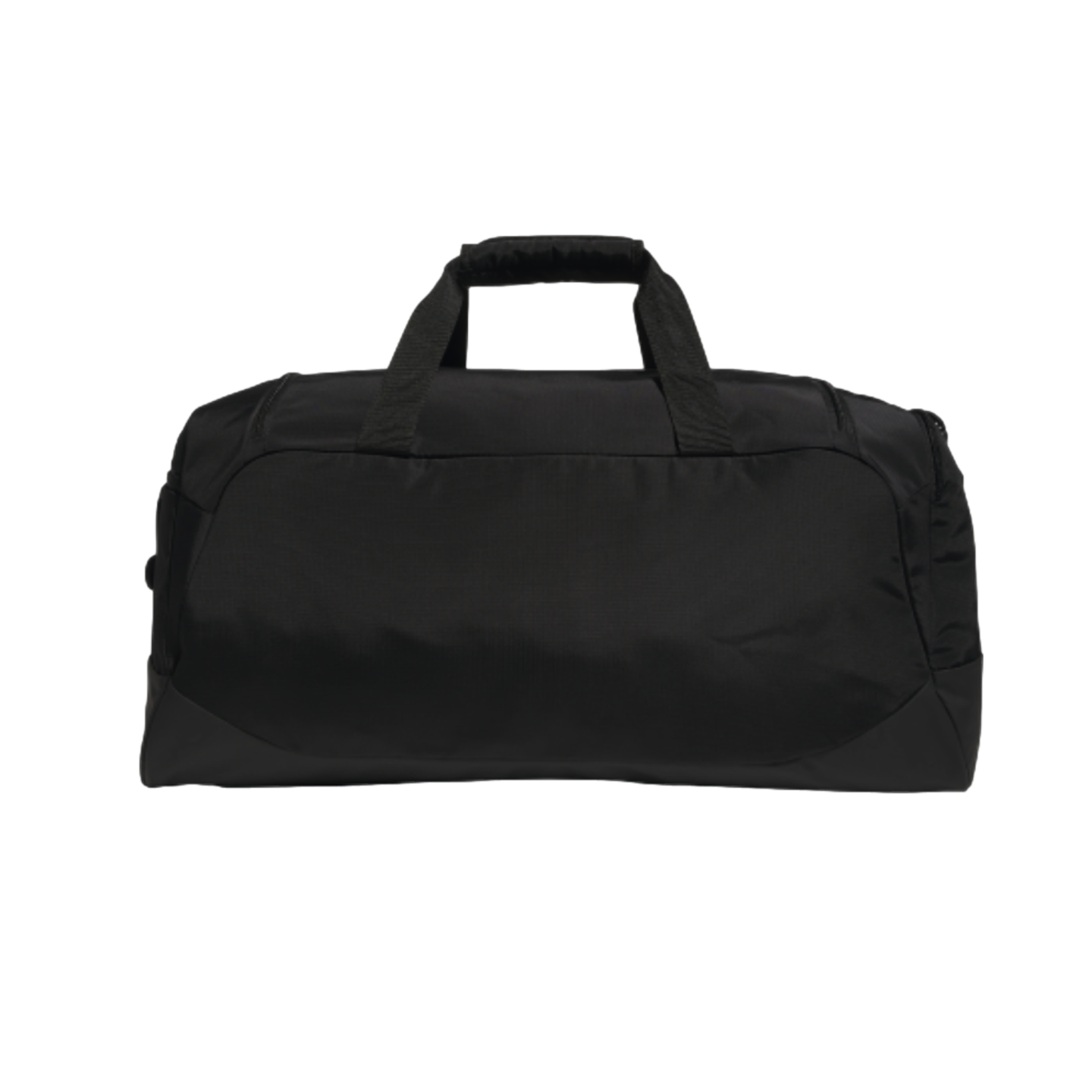 A front-on view of a solid black sports duffel bag with dual carrying handles joined by a padded wrap, set against a plain black background.