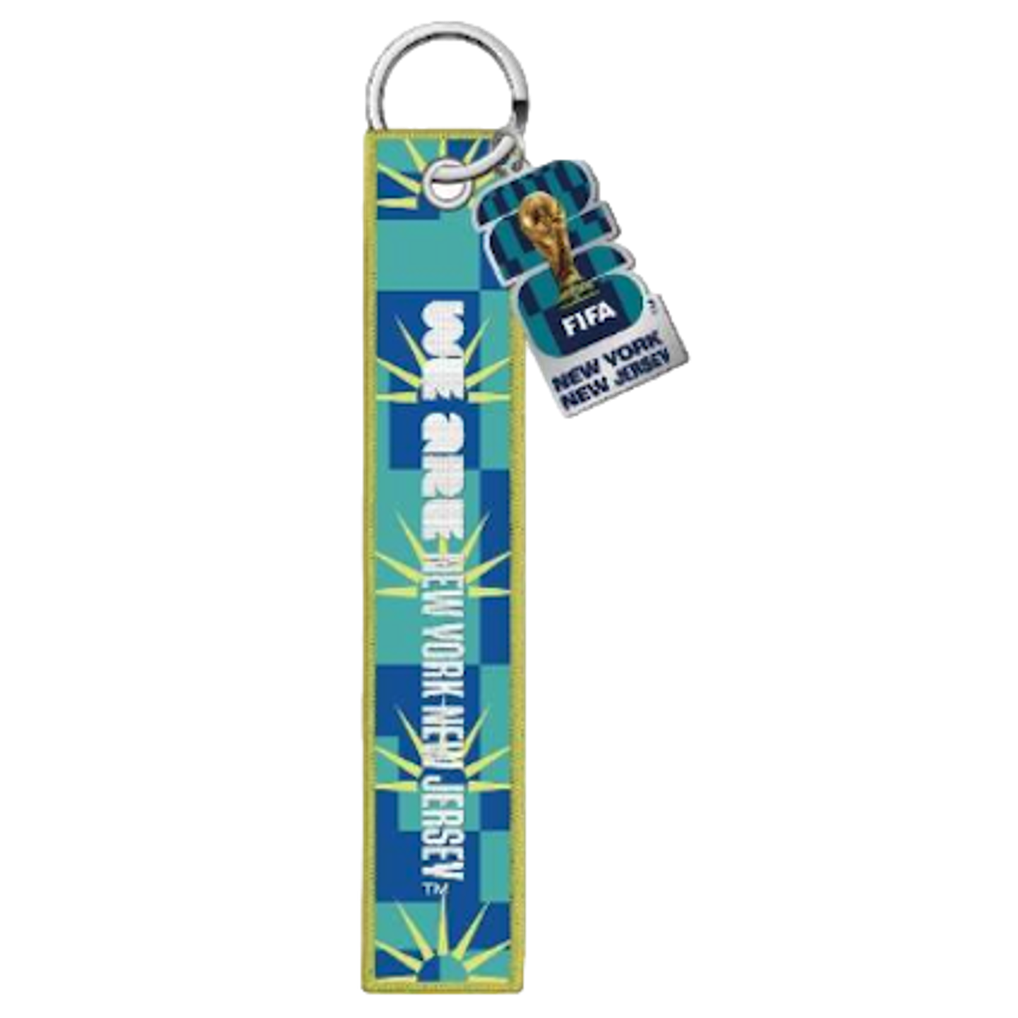 A FIFA World Cup 2026 keychain featuring a long, embroidered blue and teal fabric strip with vertical white text reading "WE ARE NEW YORK NEW JERSEY." A smaller dangling tag shows the official tournament logo, the World Cup trophy, and the host city names