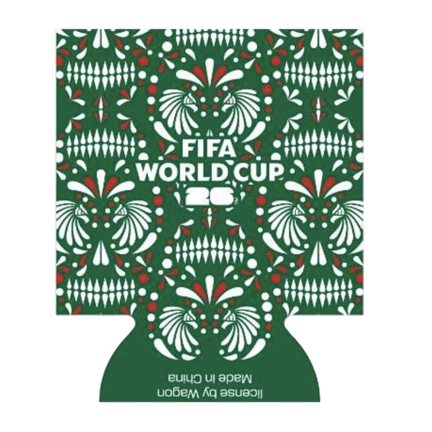 A green can cooler featuring a white and red repeating pattern of stylized eagle heads and skull-like folk art designs. The center is printed with the text "FIFA WORLD CUP 26" in a bold white font. Upside-down text on the bottom flap reads "license by Wag