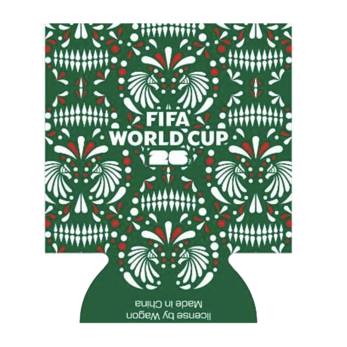 A green can cooler featuring a white and red repeating pattern of stylized eagle heads and skull-like folk art designs. The center is printed with the text "FIFA WORLD CUP 26" in a bold white font. Upside-down text on the bottom flap reads "license by Wag