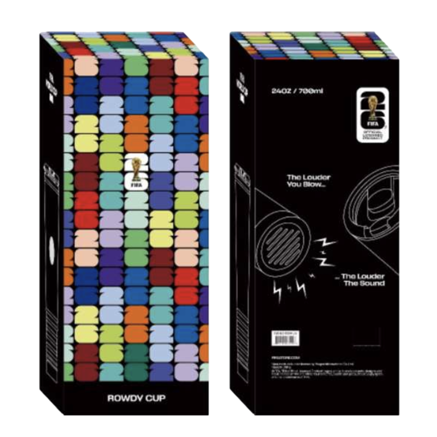 The image displays two views of a tall, rectangular box for a "ROWDY CUP," an official FIFA World Cup 2026 product. The front and top of the box feature a vibrant, repeating pattern of the number "26" in various colors. The back of the box is black and di