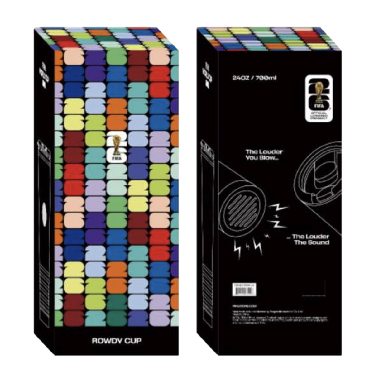 The image displays two views of a tall, rectangular box for a "ROWDY CUP," an official FIFA World Cup 2026 product. The front and top of the box feature a vibrant, repeating pattern of the number "26" in various colors. The back of the box is black and di