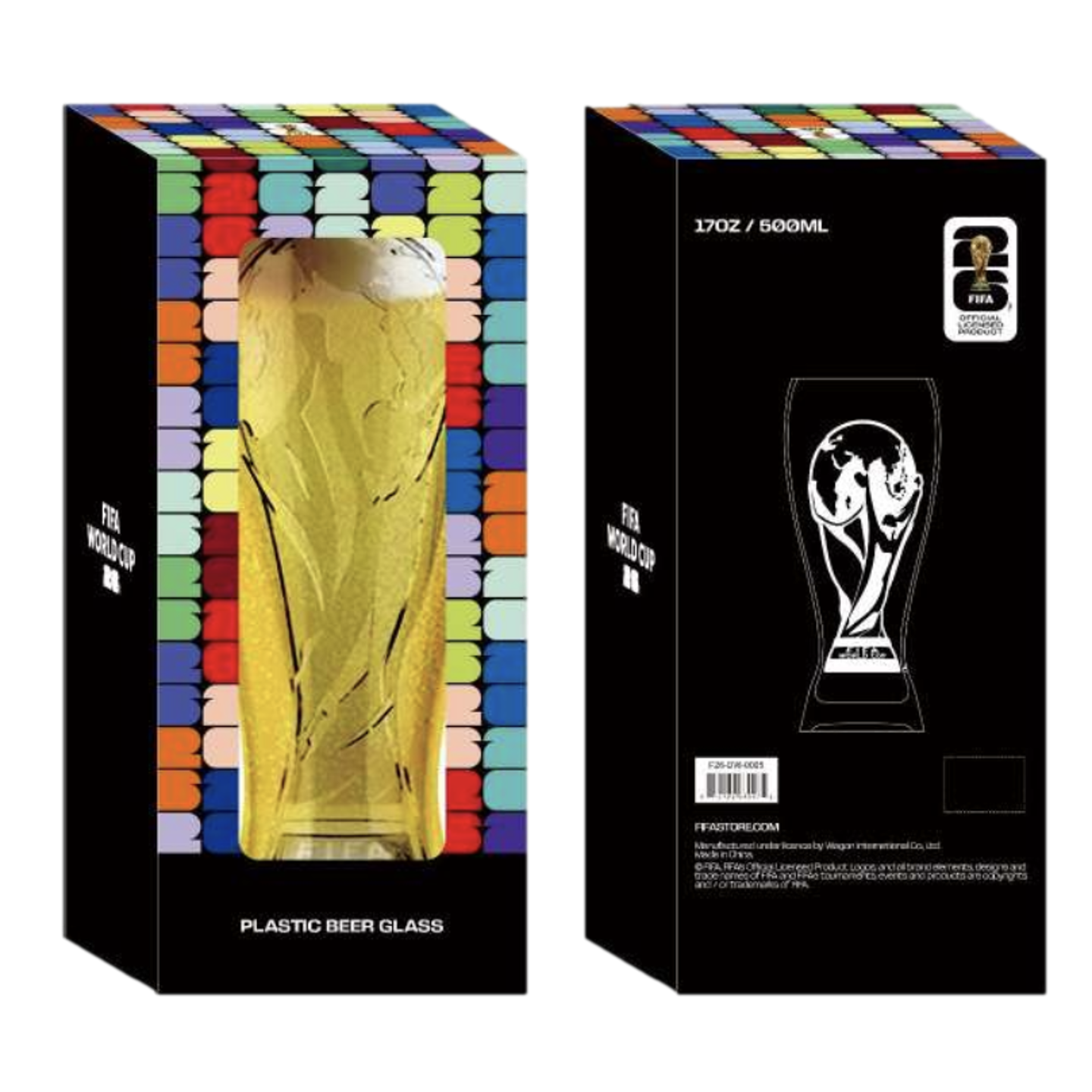 Two views of the packaging for a FIFA World Cup 26 plastic beer glass. The front of the black box features a colorful repeating "26" pattern and a window displaying a golden glass shaped like the World Cup trophy. The back includes the 500ml capacity, a l