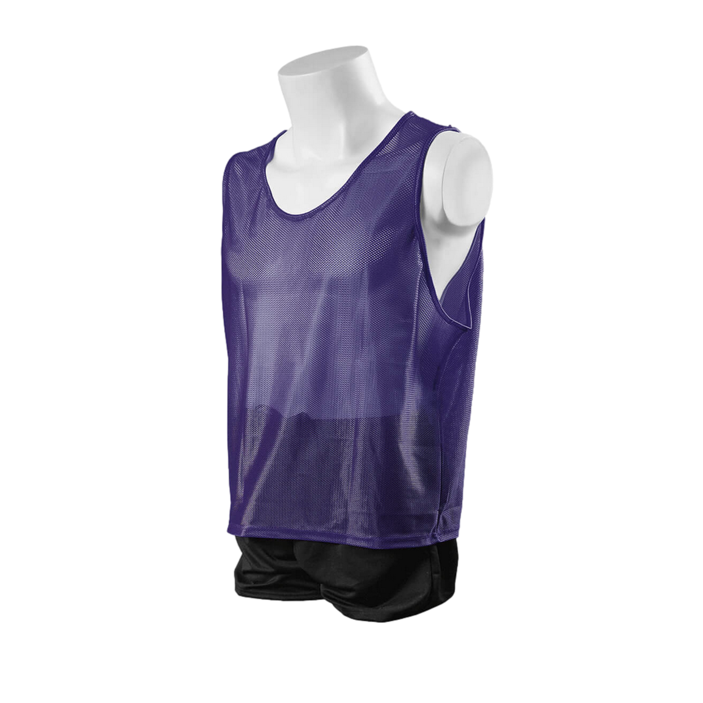 A purple mesh sports scrimmage vest displayed on a white torso mannequin against a solid black background.
