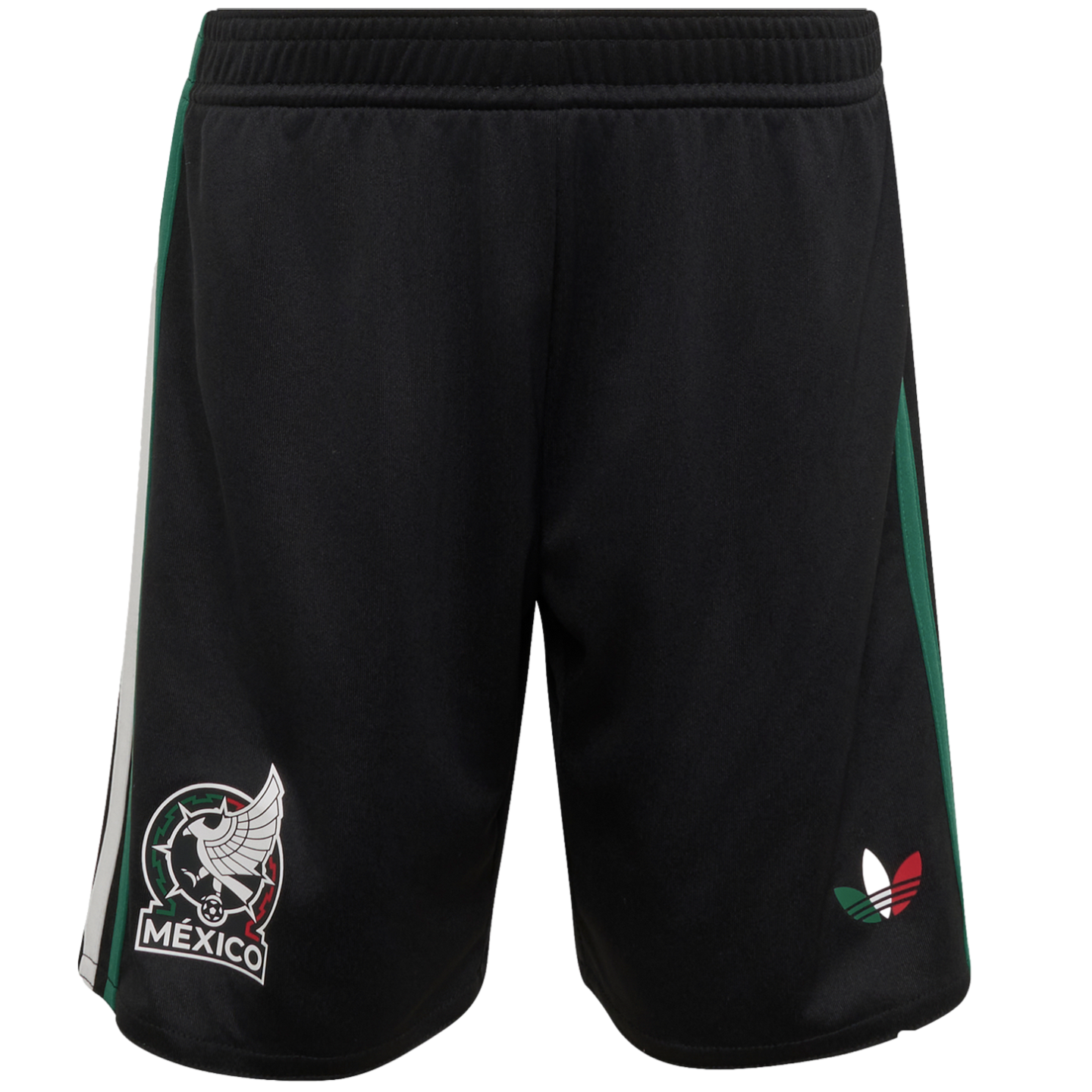 A pair of black Adidas soccer shorts for Mexico with the team crest on the right leg, a tri-color logo on the left, and side stripes in the colors of the Mexican flag.