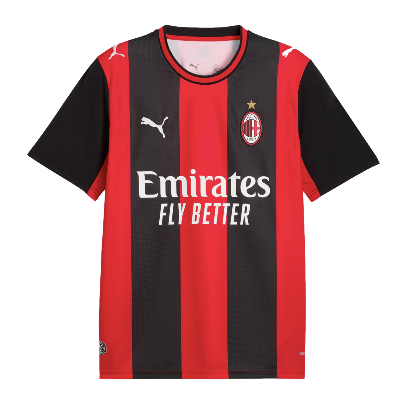 Red and black striped AC Milan home football jersey featuring the Puma logo, club crest, and white Emirates Fly Better sponsor logo.