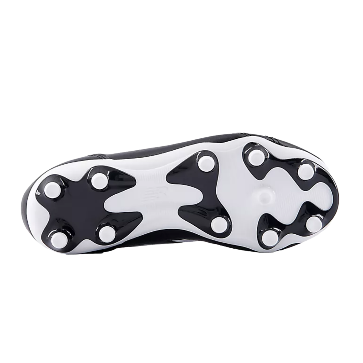 Bottom view of a soccer cleat showing white circular studs on a black and white soleplate.