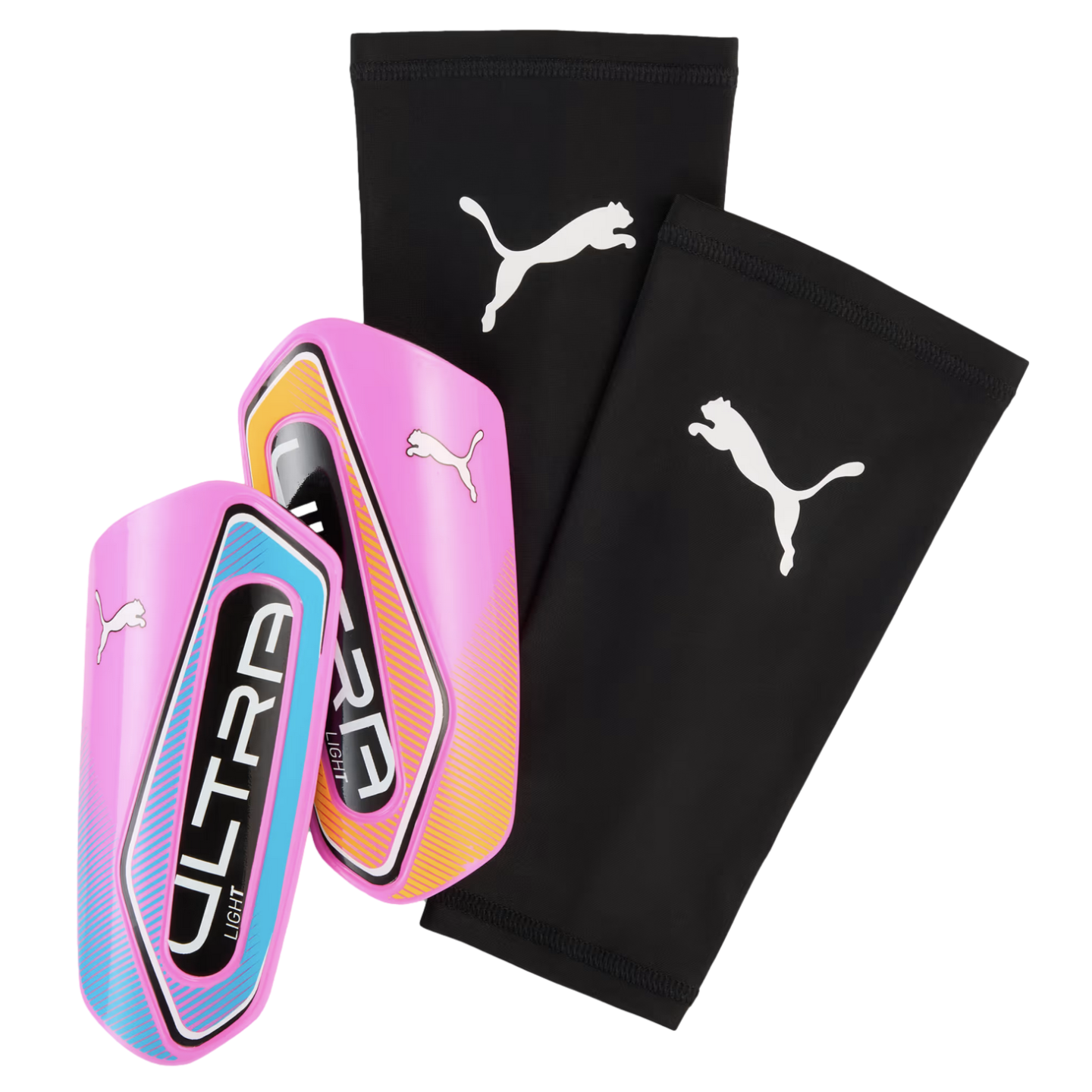 Pink Puma ULTRA Light shin guards with blue and orange accents and two black compression sleeves featuring white Puma logos.