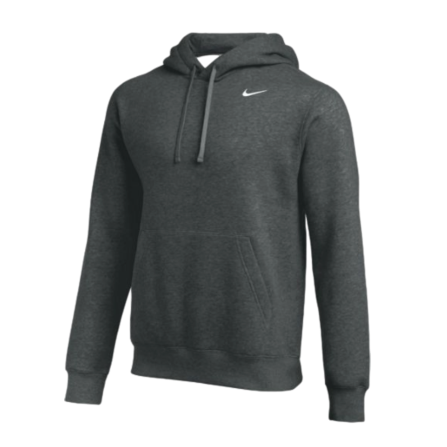 Dark grey heathered Nike hoodie featuring a small white swoosh logo, hood with drawstrings, and a front kangaroo pocket.