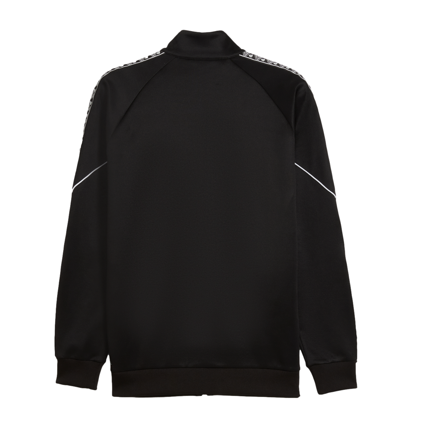 Back view of a black track jacket featuring white patterned tape along the shoulders and sleeves, a mock neck, and ribbed cuffs and hem.