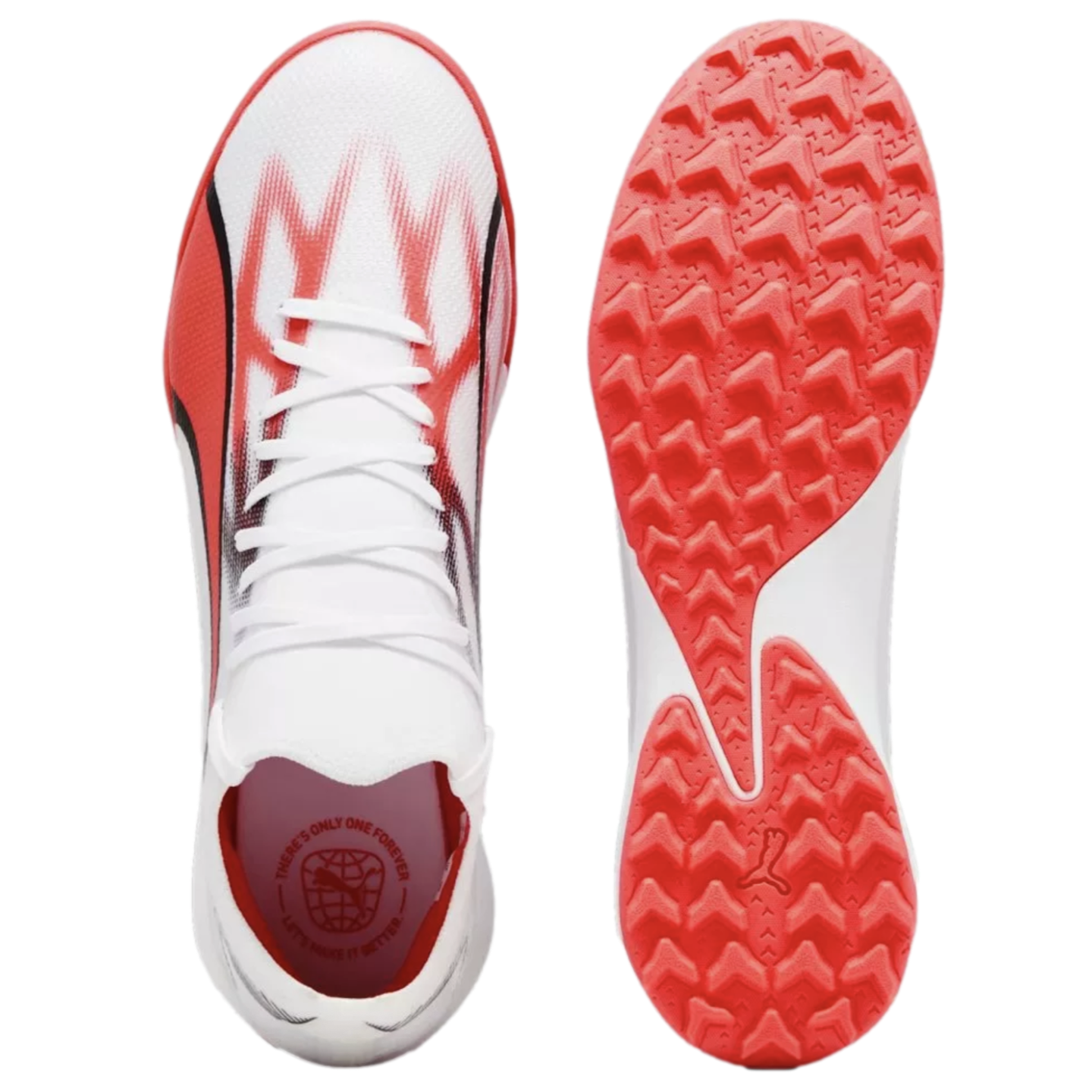 Top and bottom views of a white Puma athletic shoe featuring vibrant red graphic accents and a textured red rubber sole for traction.