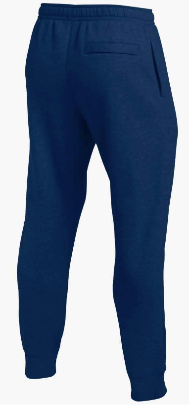 Rear view of dark blue jogger sweatpants featuring an elastic waistband, a single back pocket, and ribbed ankle cuffs.