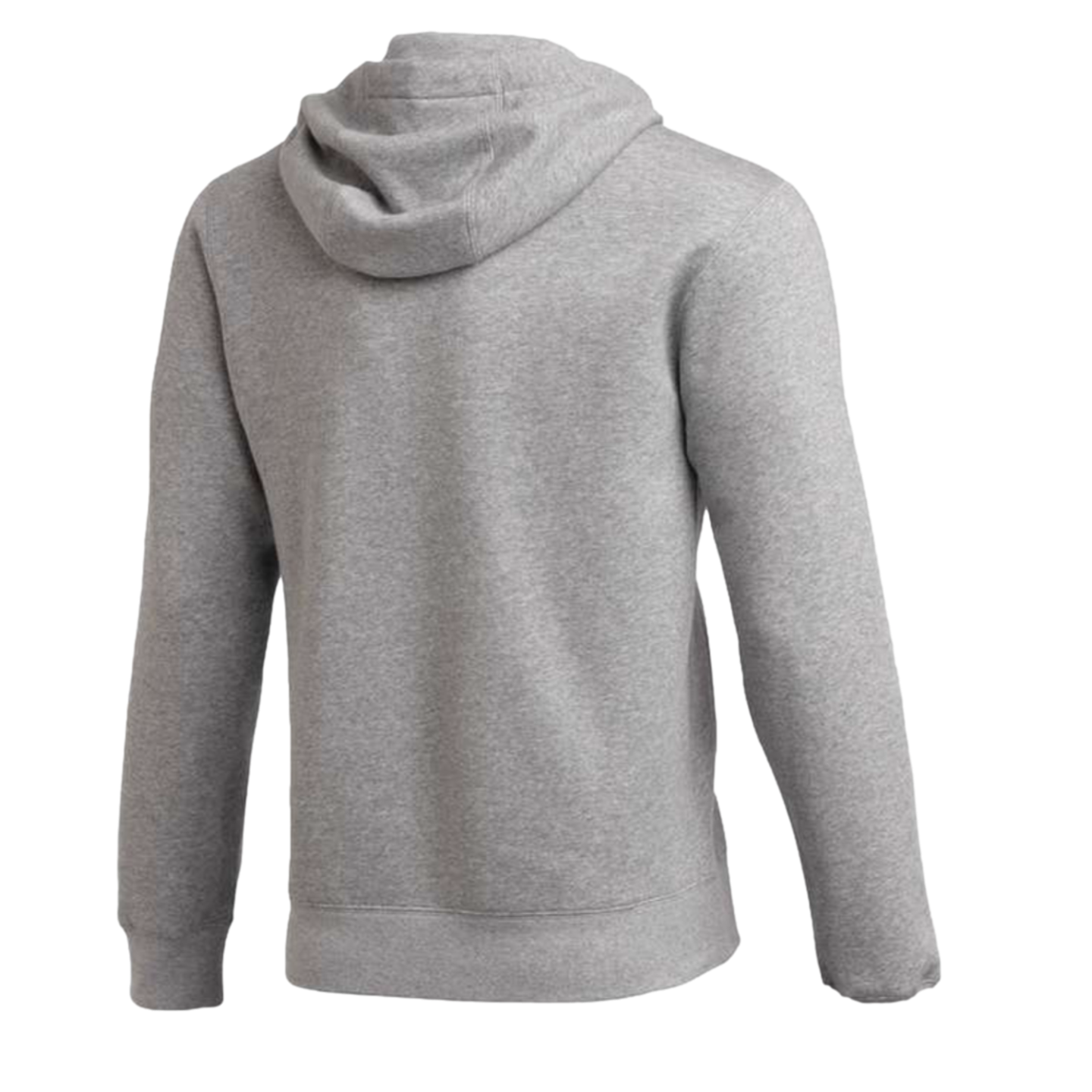 Rear view of a light gray heathered hoodie with ribbed cuffs and waistband, isolated on a black background.