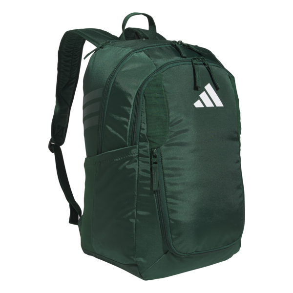 Forest green Adidas backpack featuring multiple zippered compartments and a white logo on the front.
