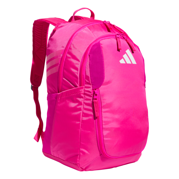 A bright pink Adidas backpack with multiple zippered compartments and a white logo on the front.