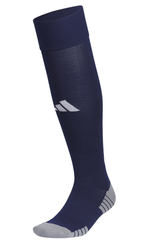 A navy blue knee-high Adidas soccer sock featuring a white logo on the shin and light gray reinforced heel and toe areas.