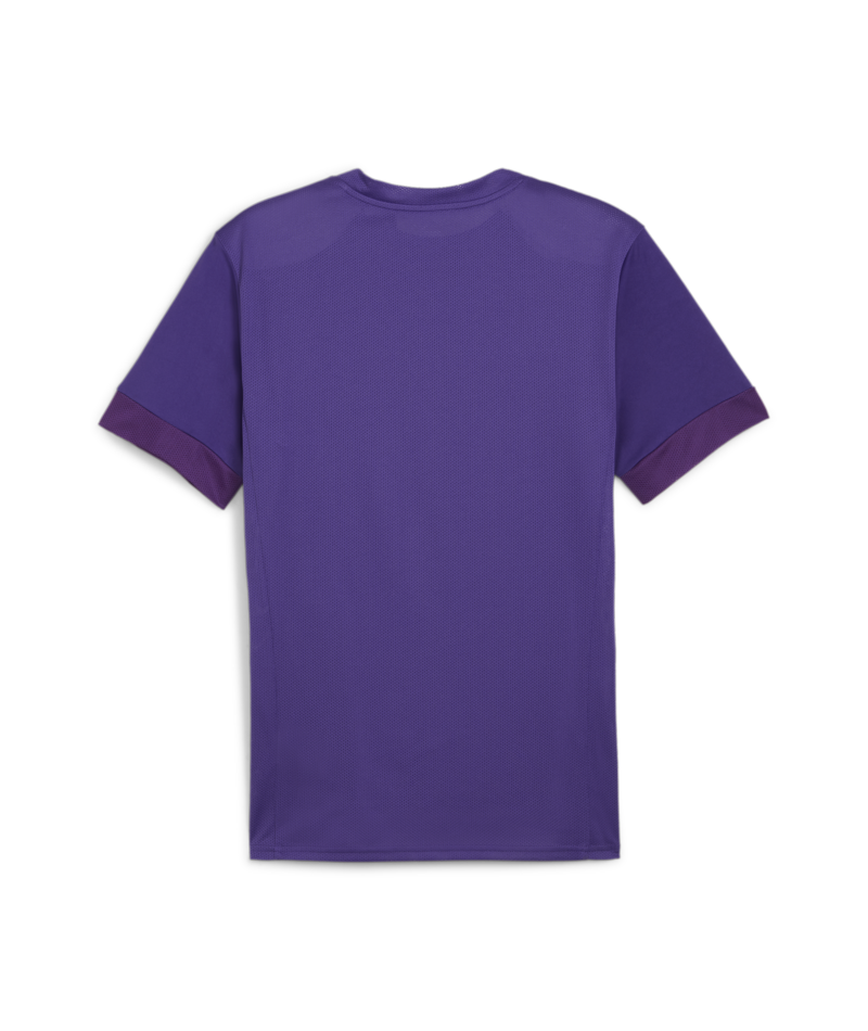 Back view of a purple short-sleeved athletic t-shirt with darker purple sleeve cuffs on a white background.