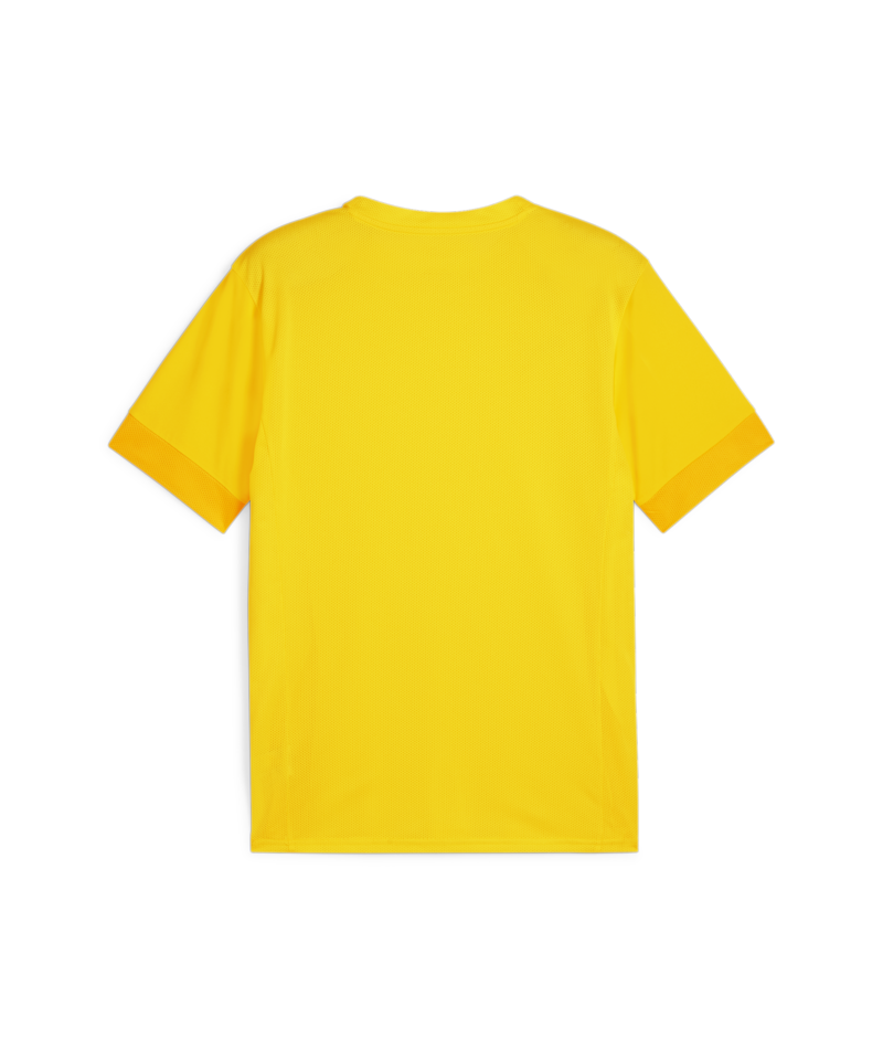 Back view of a yellow short-sleeved athletic t-shirt with a textured mesh fabric and ribbed sleeve cuffs.