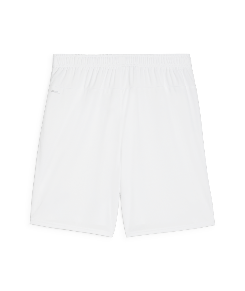 Front view of white athletic shorts with an elastic waistband and "DRYCELL" branding on the upper right side, set against a solid black background.
