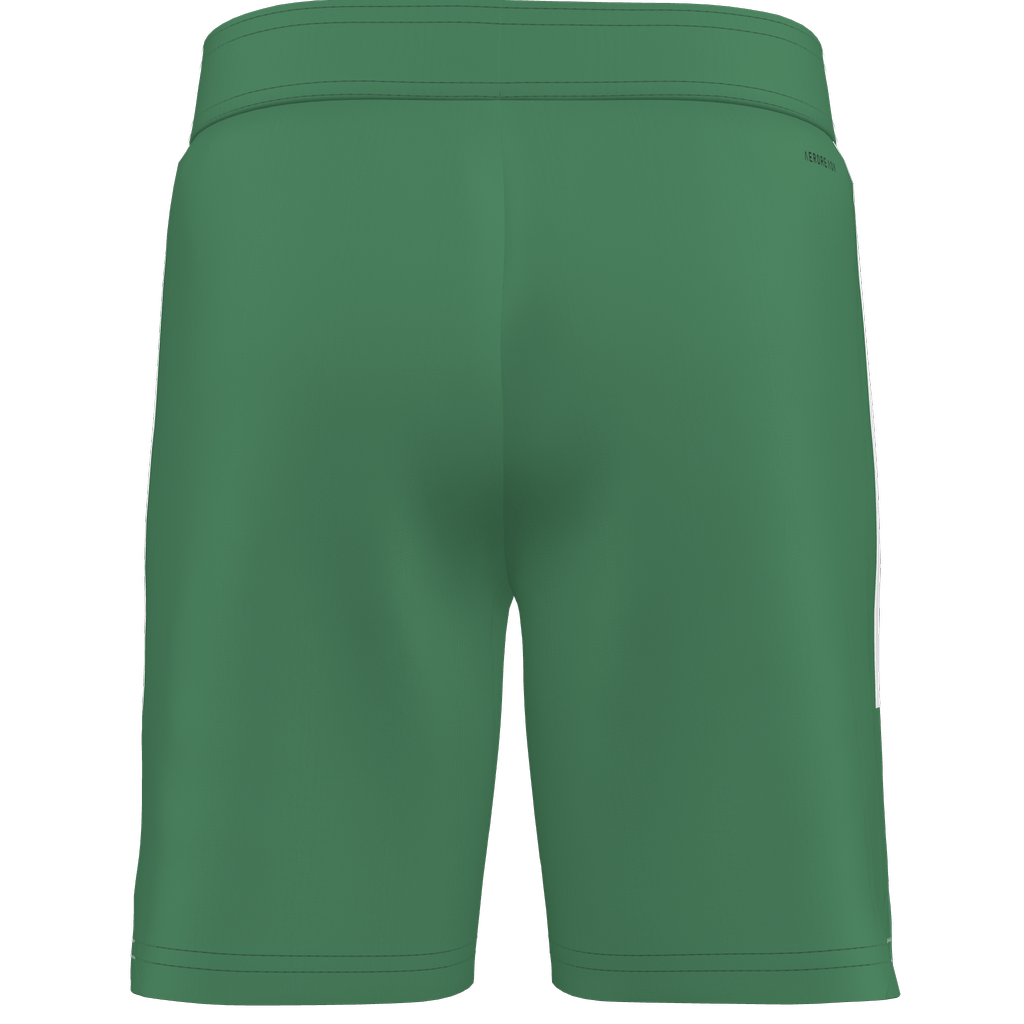 Back view of green athletic shorts with a wide waistband, side stripes, and a small logo on the upper right hip.