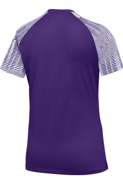 Back view of a purple short-sleeved athletic shirt featuring purple and white horizontally striped raglan sleeves.