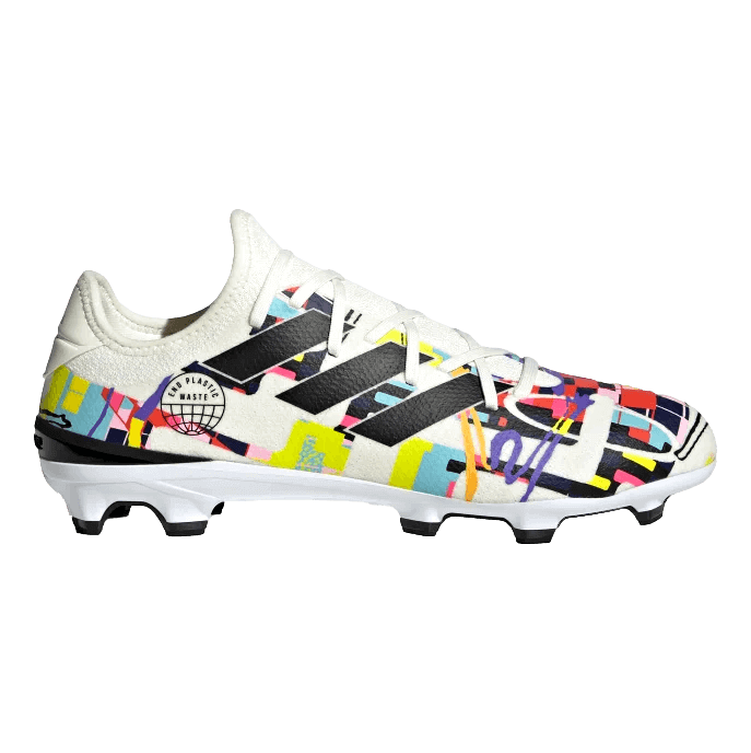 A white Adidas soccer cleat featuring a vibrant, multi-colored abstract pattern, three black stripes on the side, white laces, and a white cleated sole with black studs.