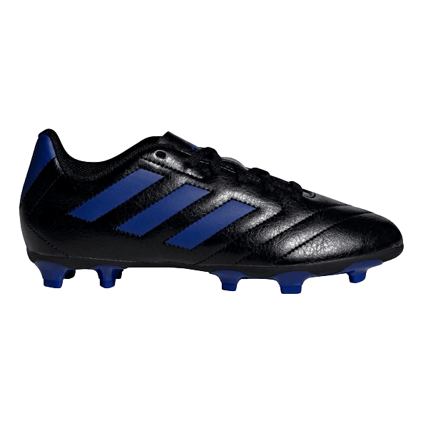 Side profile of a black soccer cleat featuring three blue diagonal stripes and matching blue studs on the sole.